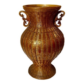 Vintage MCM Japanese Wicker 9.5 Inch Tall Vase For Sale