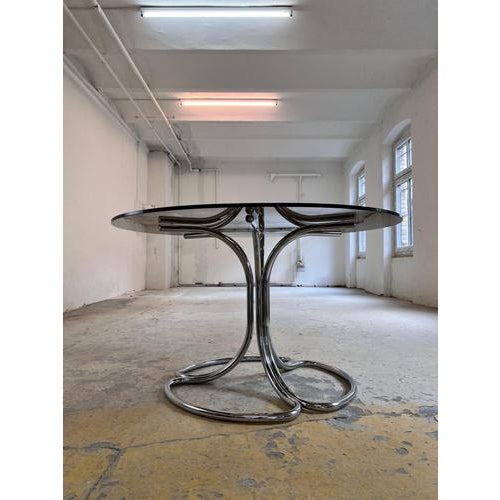 Round Dining Table in Smoked Glass and Chrome by Gastone Rinaldi For Sale - Image 11 of 11
