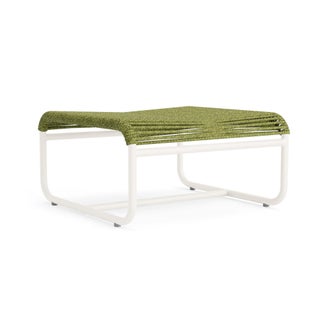 Brown Jordan Walter Lamb Aluminum Ottoman in Chalk with Pistachio Strapping For Sale