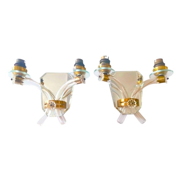 French Art Deco Crystal and Mirror Wall Sconces from Maison Baguès, 1945s, Set of 2 For Sale