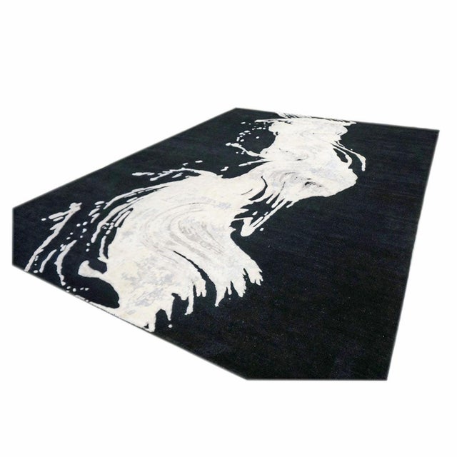 Modern Indo-Napalese Modern Wave Wool & Silk 9x13 Black & White Wave Design Handmade Area Rug #1144031 For Sale - Image 3 of 6