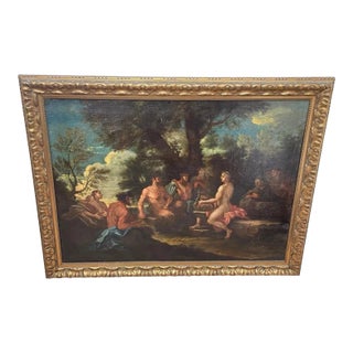 18th Century Italian Baroque Mythological Oil Painting in Carved Giltwood Frame Apollo and Marsyas After Filippo Lauri For Sale