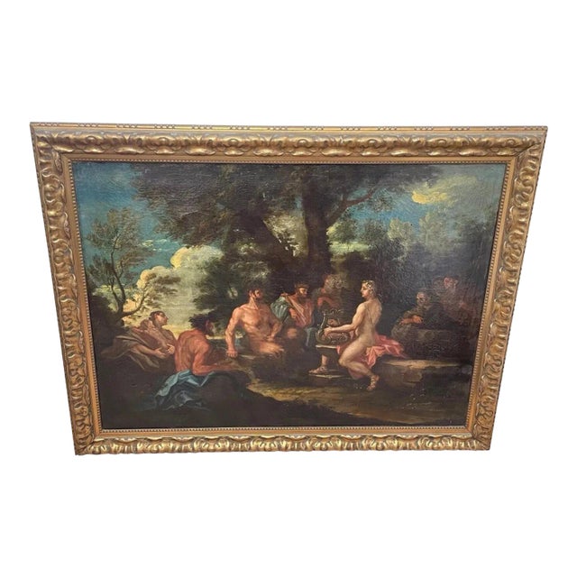 18th Century Italian Baroque Mythological Oil Painting in Carved Giltwood Frame Apollo and Marsyas After Filippo Lauri For Sale