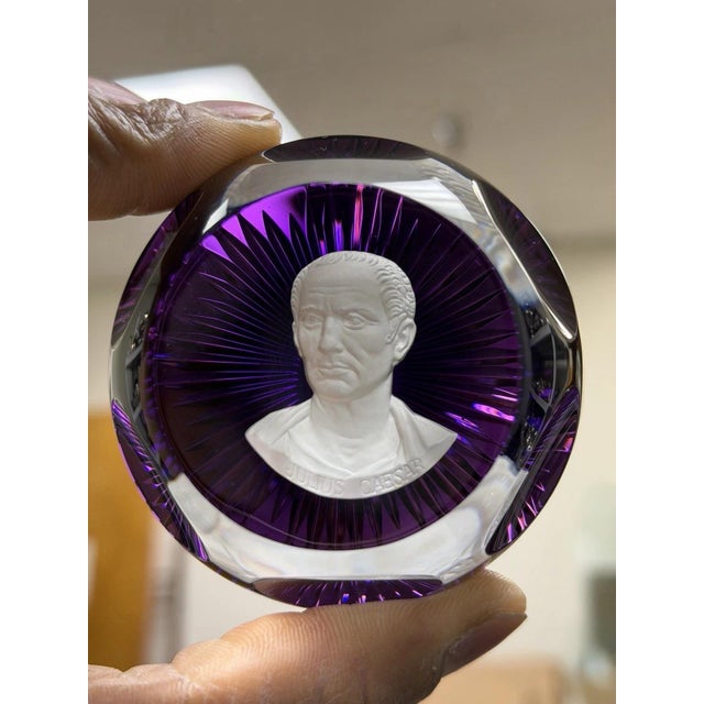 Vintage 1970s Franklin Mint 1976 Baccarat France Julius Caesar Purple Sulphide Glass Paperweight with Original Box. Circa...