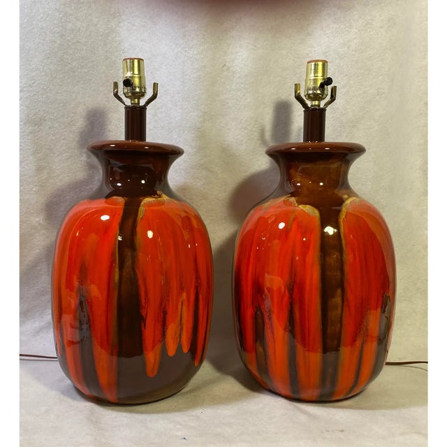 Vintage Orange and Brown Drip Glaze Ceramic Lamp - a Pair For Sale In Detroit - Image 6 of 6