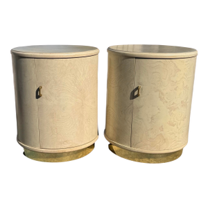 Thomasville Mid Century Bleached Burlewood Cylinder Storage Side Tables.