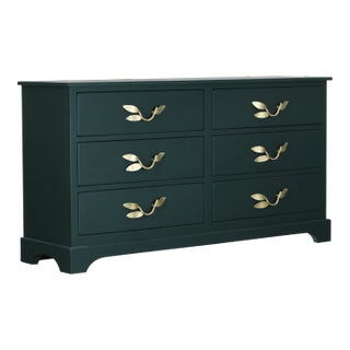 Mid Century Dark Green Dresser With Gold Painted Metal Hardware For Sale