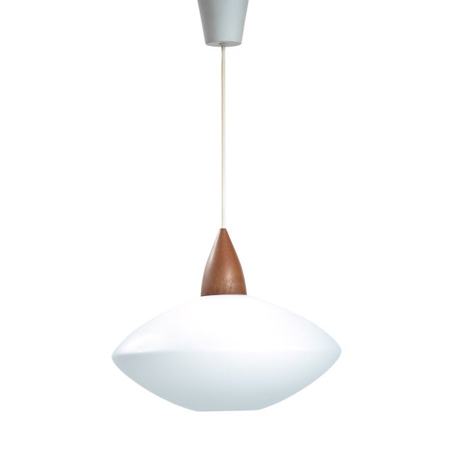 White Opaline Teak Pendant Light by Uno & Östen Kristiansson for Luxus, Sweden, 1950s For Sale