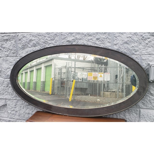 Antique French Oval Ebonized Wood Frame Beveled Glass Mirror Circa