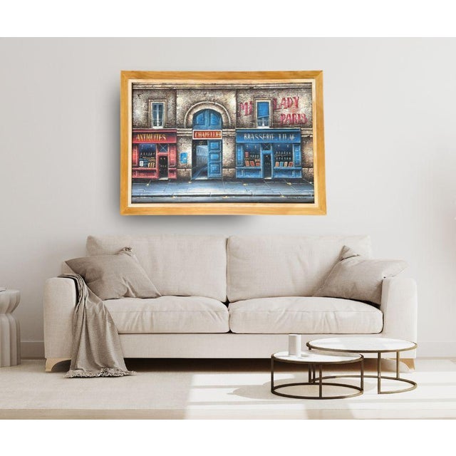 Mid-Century Modern Paris Storefronts Original Oil Painting, Vintage Wood Frame For Sale - Image 3 of 16