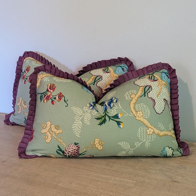 Not Yet Made - Made To Order Brunschwig & Fils Fabriano Jade Lumbar Pillows With Purple Pleated Ruffle- Pair For Sale - Image 5 of 9