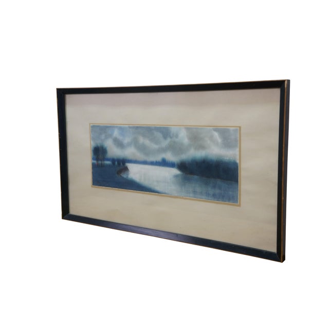 Vintage Hungarian - Romanian Balogh Lajos signed pastel landscape painting featuring an impressionist blue lake landscape....