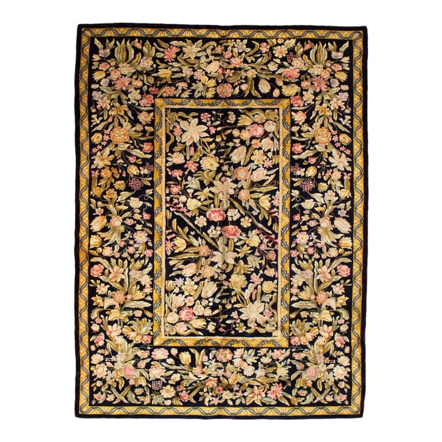 1940s Midnight Blue Austrian Savonnerie Rug with White Flowers For Sale