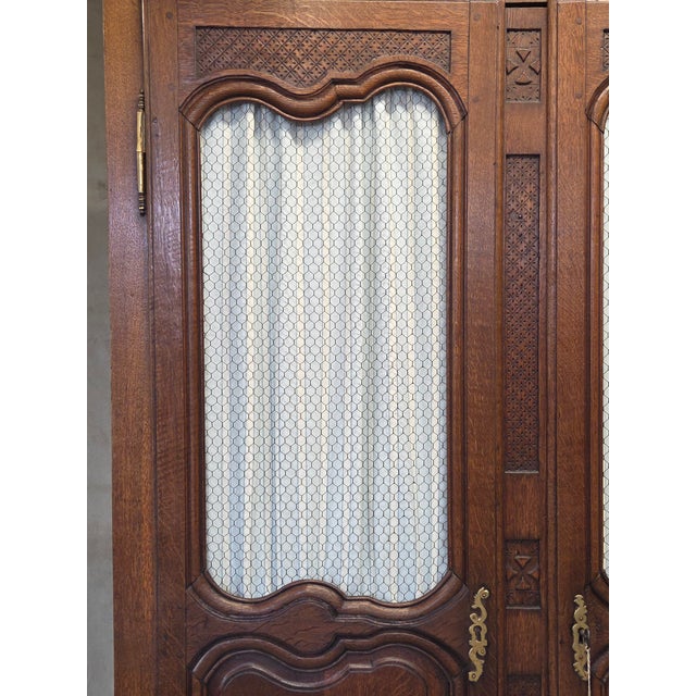 Brown Antique French Provincial Wardrobe With Wire Grills and Interior Blue Curtains For Sale - Image 8 of 14