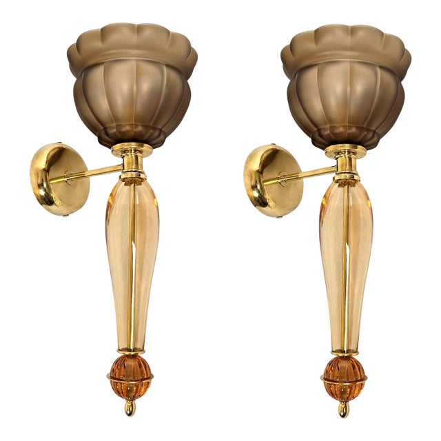 1990s Mid-Century Modern Brown and Amber Murano Glass Sconces - a Pair For Sale
