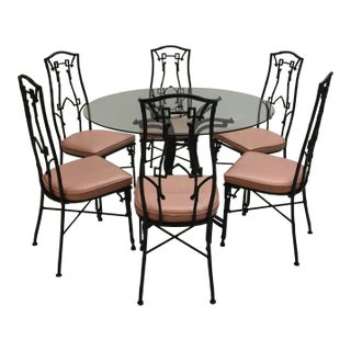 Vintage Chinoiserie Pink & Black Faux Bamboo Dining Chairs and Table For Sale
