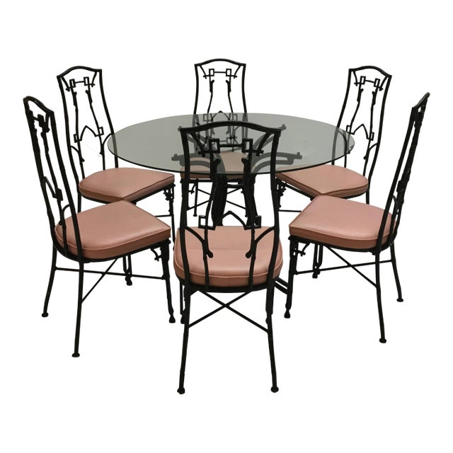 Vintage Chinoiserie Pink & Black Faux Bamboo Dining Chairs and Table For Sale