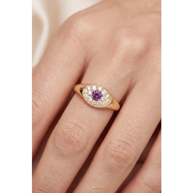 Contemporary Natural Amethyst Halo Ring | Signet Style Vintage Ring | Statement Cocktail Ring for Her Us 7 For Sale - Image 3 of 5