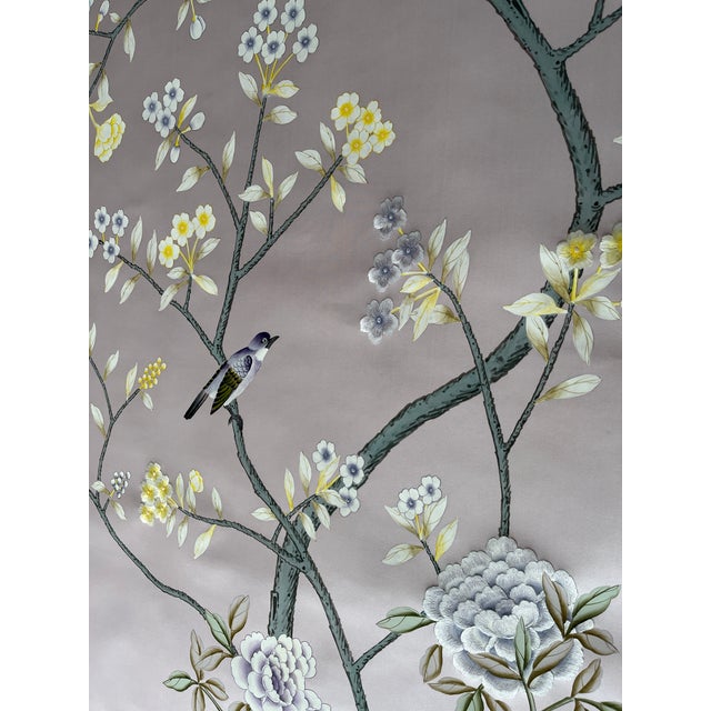 Chinoiserie Custom Hand-Painted Silk Chinoiserie Mural | Dusty Lavender Botanical Heron Wallpaper | Luxury Handcrafted Wall Covering For Sale - Image 3 of 6