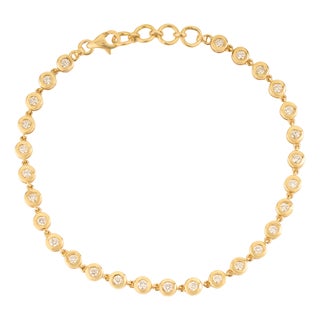 Modern Minimalist Bezel Set Diamond Tennis Bracelet in 14k Yellow Gold 7 Inches For Sale