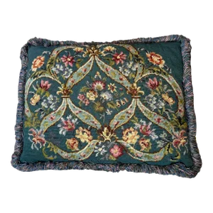 1940s Blue Floral Petit Point Needlepoint Fringe Pillow