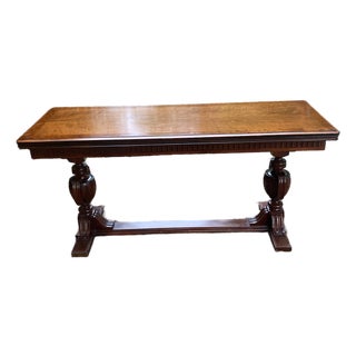Antique French Style Walnut Flip Top Game Table | Carved Pedestal Console Table | Renaissance Revival Sofa Table | Burl Walnut Entry Table For Sale