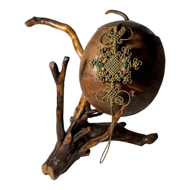 Chinese Lanzhou Gourd Carving With Macrame Cord on Root Stand Sculpture. For Sale