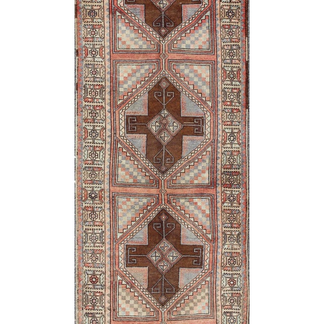 Multicolored Vintage Long Turkish Oushak Runner With Cross Shapes Design For Sale - Image 4 of 10