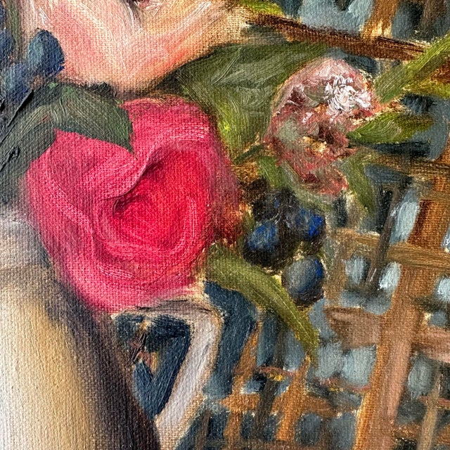 Traditional Roses and Berries in Vase Still Life Framed Oil Painting, the Weaver's Table by Artist Kristin Ashman For Sale - Image 3 of 10