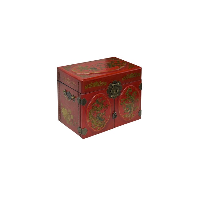 Chinese Chinese Oriental Red Dragon Phoenix Mirror Rectangular Jewelry Box For Sale - Image 3 of 10