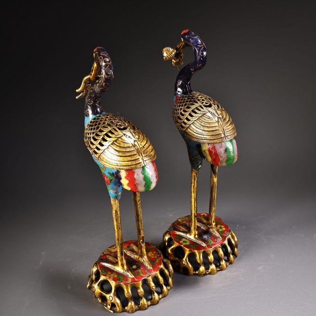 Traditional Pair of Vintage Cloisonne Enamel Crane Incense Burners – 11" Gilt Bird Figures For Sale - Image 3 of 10