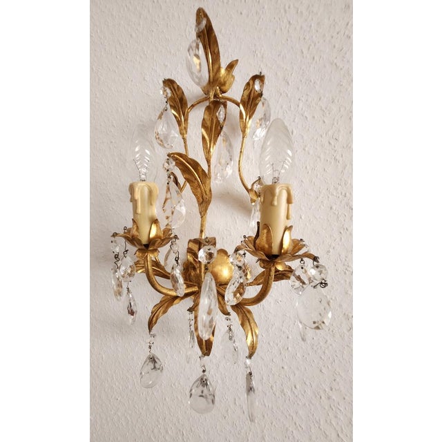 Hollywood Regency Hand-Forged Gold Leaf Gilded Floral 2-Light Wall Lamp with Crystals, 1950s For Sale - Image 16 of 18