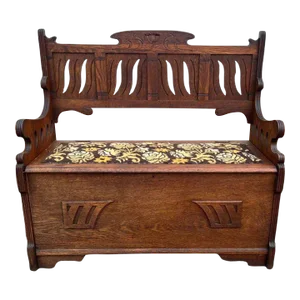 19th Century Antique Eastlake Victorian Tiger Oak Bench With Storage.