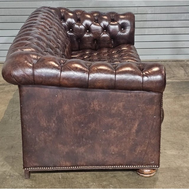 Brown Late 20th Century Classic Chesterfield Brown Top Grain Leather Tufted Leather Sofa Nail Head Trim For Sale - Image 8 of 11