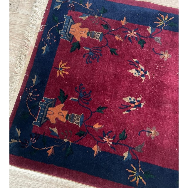 Antique Art Deco Chinese Wool Rug, Butterflies & Crimson Field, C. 1920s — 2'11" × 4'10" For Sale - Image 9 of 10