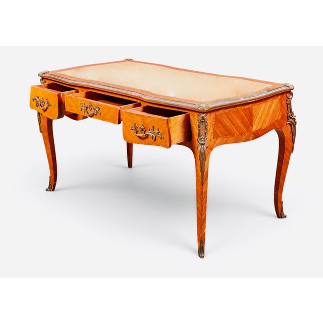 French Louis XV Parquetry & Gilt-Bronze Leather-Top Bureau Plat, Circa 1900 For Sale - Image 4 of 8