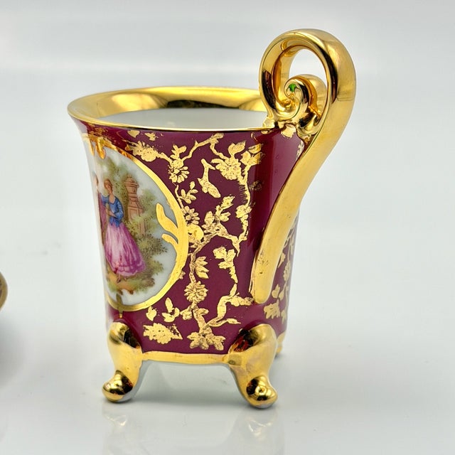 Vintage Ruby Red Porcelain Coffee Service with Gilt Romantic Fragonard Scene from Limoges, 1970s, Set of 13 For Sale - Image 11 of 18