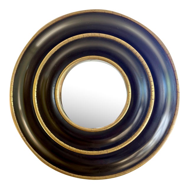 Neoclassical Style Black and Gold Gilt Round Beveled Mirror For Sale