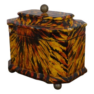 Late 20th Century Faux Tortoiseshell Painted Lacquered Lidded Tea Caddy Trinket Box 11" For Sale
