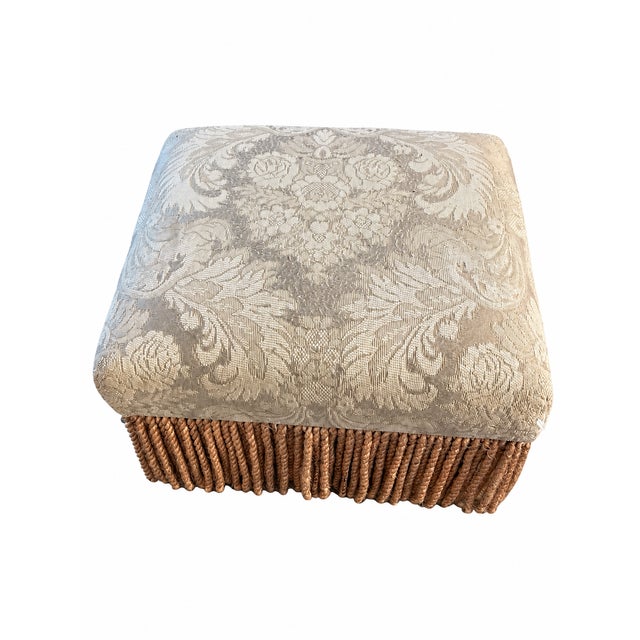 1970s Louis XV–Style Gold Tufted Armchair With Coordinating Damask Fringed Footstool For Sale - Image 5 of 13