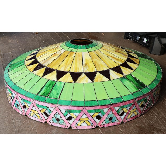 Art Nouveau John Morgan & Sons Large 33 Inch Diameter Geometric Leaded Stain Glass Shade - Colorful For Sale - Image 3 of 10