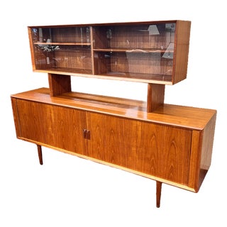 1960s Svend Aage Larsen for Faarup Mobelfabrik Teak Tambour Credenza With Hutch For Sale