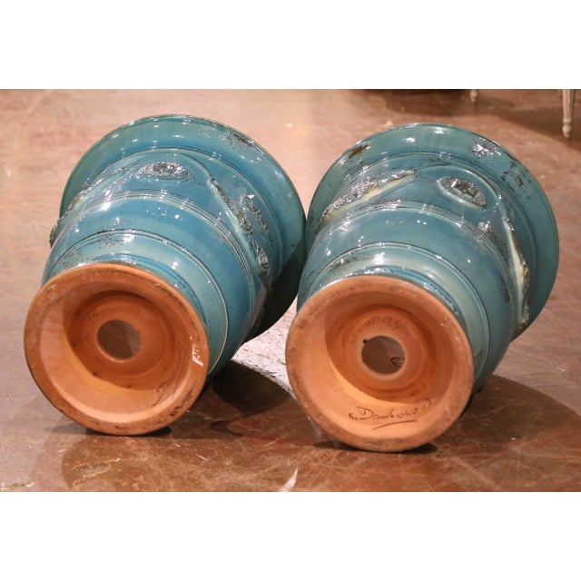 Pair of French Turquoise Glazed Terracotta Planters by La Madeleine in Anduze For Sale - Image 12 of 12