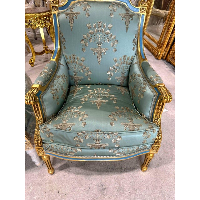 Textile French Louis XV Style Blue-Green Bergere Wing Chair Set of 2 Chairs For Sale - Image 7 of 7