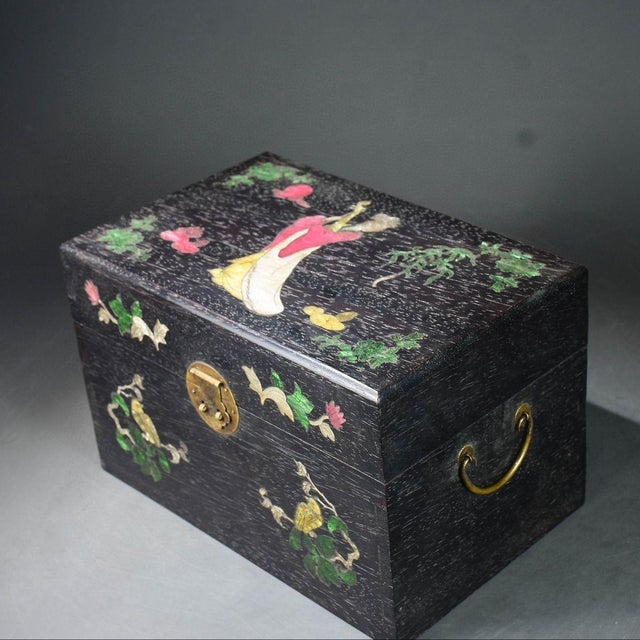 Chinoiserie Rosewood Hardwood Jewelry Box, Brass Hardware, Green Cabochon Inlay, Portable Treasure Chest For Sale - Image 3 of 7