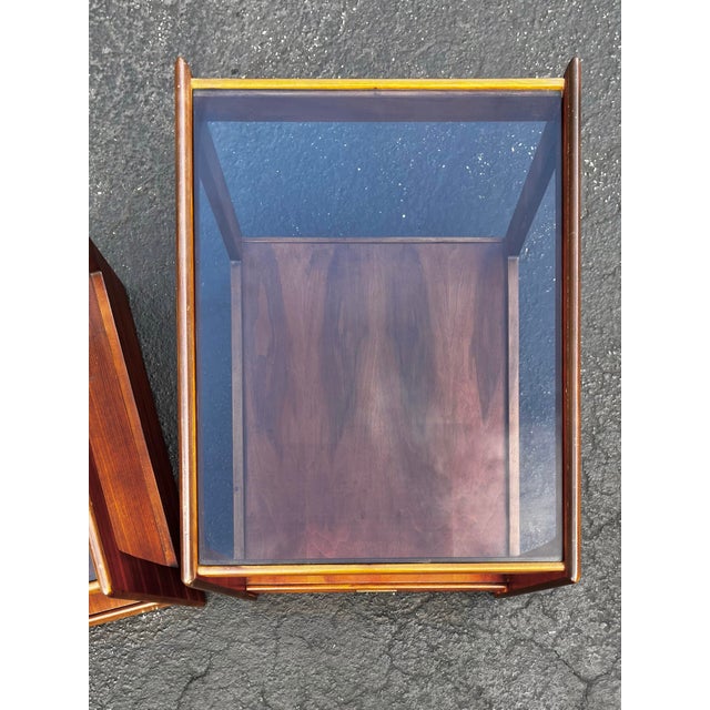 Wood Mid Century Modern Side Tables With Smoked Inset Glass | in the Style of John Keal for Saltman Brown For Sale - Image 7 of 12