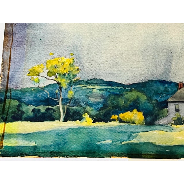 Wood Vintage Framed Watercolor Stormy Farm Landscape For Sale - Image 7 of 11