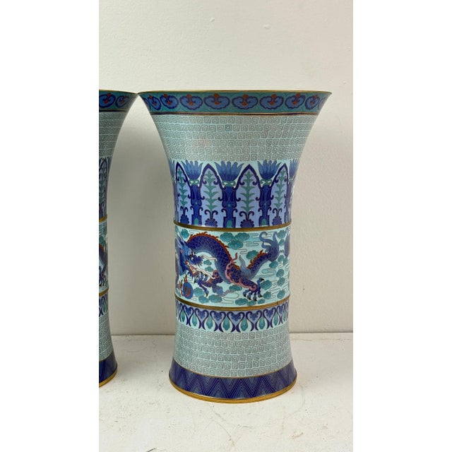 Early 20th Century Pair of Chinese Cloisonne Enamel Trumpet Form Vases Blue Dragon Motif For Sale - Image 5 of 10