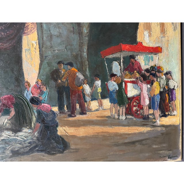 Wood "The Catch" by Georges Regnault, Andarroa Spain, Oil on Canvas, Circa 1950 For Sale - Image 7 of 12