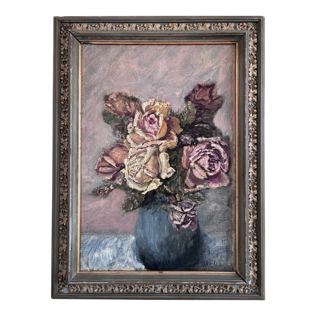 Vintage Original Flower Oil Painting, Signed Flower Still Life Art For Sale